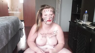 Big fat worthless pig degrading herself | body writing | hair pulling | self slapping