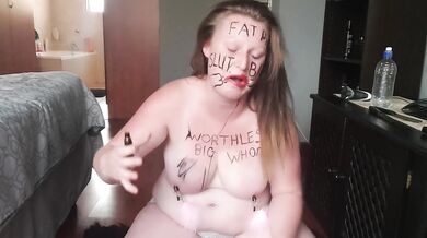 Big fat worthless pig degrading herself | body writing | hair pulling | self slapping