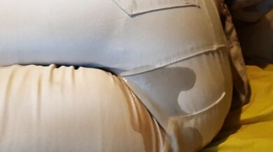 Bedwetting in pee stained white jeans. Feeling lazy and wet the bed again ;P