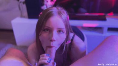 Big cumshot on Tits and face, little slut loves to suck