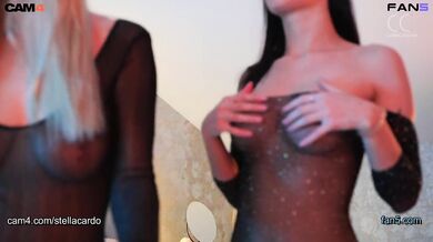 Sasha Sparrow and Stella Cardo lick each other's pierced breasts in bodysuit, Lesbian Show