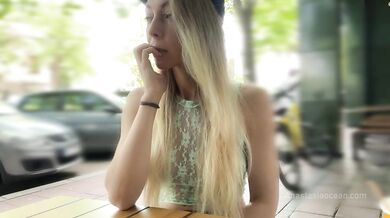 She cum with risky public masturbation in open cafe on the busy street. Transparent top, no panties.