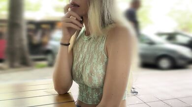 She cum with risky public masturbation in open cafe on the busy street. Transparent top, no panties.