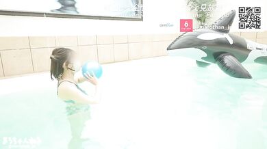 Raw insertion into a wet pussy in the pool. Massive ejaculation on big tits protruding from swimsuit