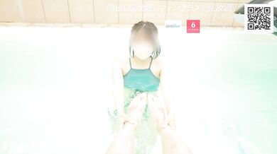 Raw insertion into a wet pussy in the pool. Massive ejaculation on big tits protruding from swimsuit