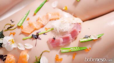 Sashimi on pussy!? Enjoy Sushi on a busty babe's oiled up body
