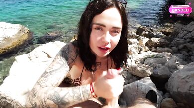 Risky beach fuck after sloppy blowjob — covered Her tits in cum
