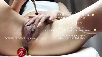 Masturbating with a vibrator at home, secretions flowing down the vagina
