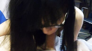 Asian Nerdy Teen with Glasses gives Deepthroat Blowjob