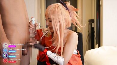 Japanese cosplayer gives a guy an armpitjob.