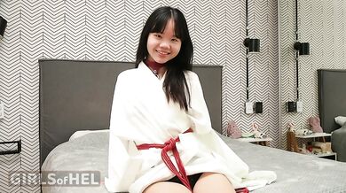 Asian teen Baebi Hel playing in her kimono and leather fetish gear