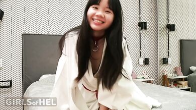 Asian teen Baebi Hel playing in her kimono and leather fetish gear