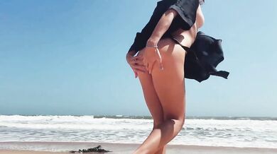 Teen Girl Public Masturbates on a Nude Beach, caresses Feet, and Guy jerks off Dick and Cums