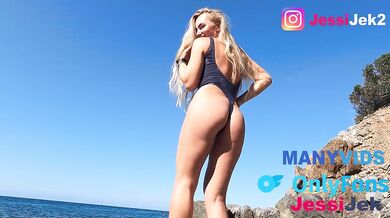 POV I fuck blonde with anal plug on public beach in all holes 4K JessiJek