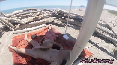 Voyeur watching us while my hot teacher masturbating and cumshot cock in nudist beach public P2