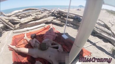 Voyeur watching us while my hot teacher masturbating and cumshot cock in nudist beach public P2