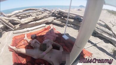 Voyeur watching us while my hot teacher masturbating and cumshot cock in nudist beach public P2