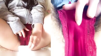Hairy amateur taking masturbation selfie on 2 screensWet panties and crack