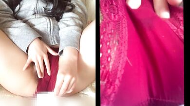Hairy amateur taking masturbation selfie on 2 screensWet panties and crack