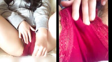 Hairy amateur taking masturbation selfie on 2 screensWet panties and crack