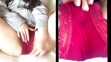 Hairy amateur taking masturbation selfie on 2 screensWet panties and crack