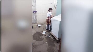 I find my schoolgirl stepdaughter alone at home washing her panties, perverted stepfather,