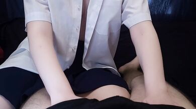 POV: Cute Asian touches and jerks my cock and masturbates her pussy, massages her tits