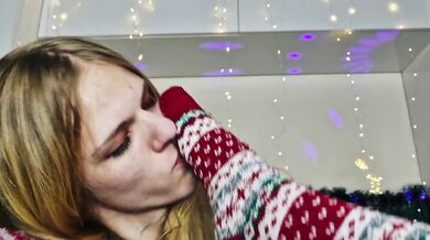 POV. Sissy Blaire_18 sniffs my Christmas socks, worships my feet, and masturbates. Footjob in socks
