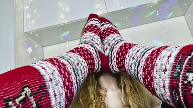 POV. Sissy Blaire_18 sniffs my Christmas socks, worships my feet, and masturbates. Footjob in socks