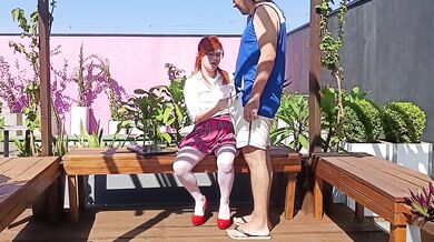 Fucking the innocent redhead in the garden