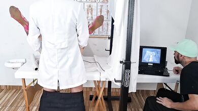 Gynecologist performs ultrasound on the cuckold's wife.