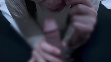 A girl with neat glasses gets ejaculated in the mouth.