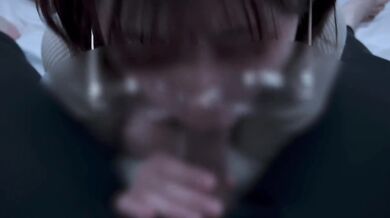 A girl with neat glasses gets ejaculated in the mouth.