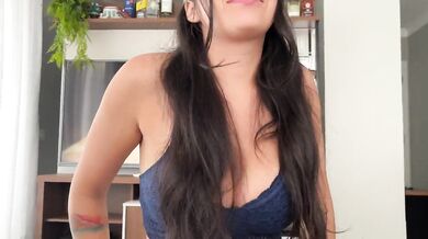Brunette with big natural tits gives bouncing tittyfuck while boyfriend watches anime