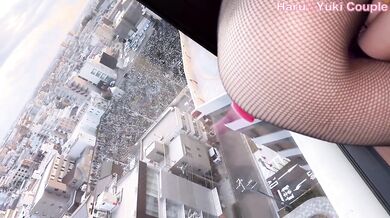 Exposed sex by the window with exposed tits in full body fishnet stockings