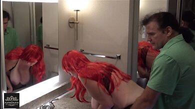 Wife in Redhead Wig Fucked in Bathroom with Mirror Reflections of Her Huge Boobs