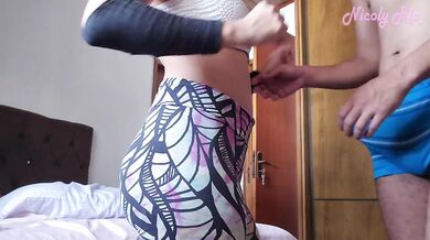 He took the hot girl in leggings home and cummed on her hairy pussy