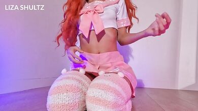 Barbie schoolgirl enjoys riding a dildo to orgasm.