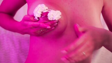 Stella Cardo licks cream from her nipples