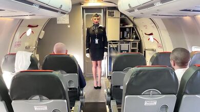 Married newcomer stewardess fuck with both pilots during flight (DP)