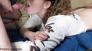 Casual piss and cum in mouth - he didn't feel like getting off the couch to pee