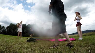 Yoga and Gymnastics Outdoors without Panties in School Uniform Miniskirt with Hot Tight Pussy Girls