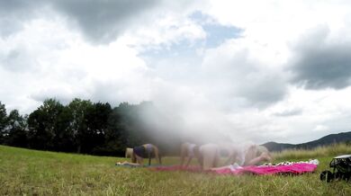 Yoga and Gymnastics Outdoors without Panties in School Uniform Miniskirt with Hot Tight Pussy Girls