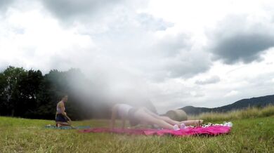 Yoga and Gymnastics Outdoors without Panties in School Uniform Miniskirt with Hot Tight Pussy Girls