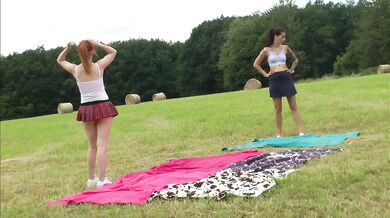 Yoga and Gymnastics Outdoors without Panties in School Uniform Miniskirt with Hot Tight Pussy Girls