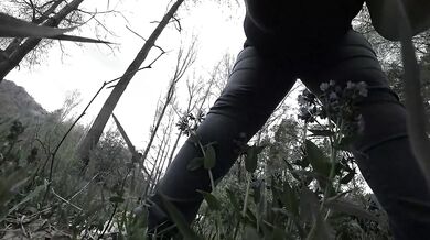 Pissing in the forest mature bbw milf with a big bush on her pussy. POV.