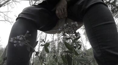 Pissing in the forest mature bbw milf with a big bush on her pussy. POV.