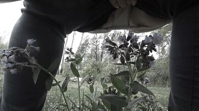 Pissing in the forest mature bbw milf with a big bush on her pussy. POV.
