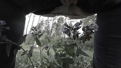 Pissing in the forest mature bbw milf with a big bush on her pussy. POV.