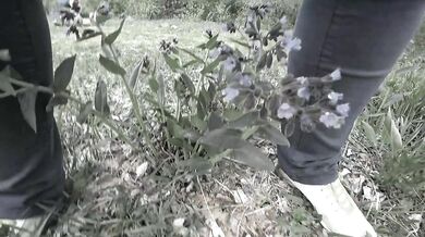 Pissing in the forest mature bbw milf with a big bush on her pussy. POV.